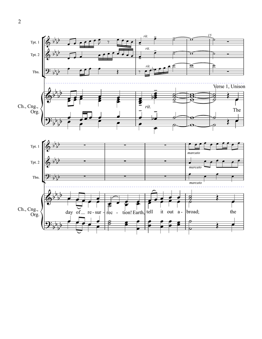 The Day of Resurrection, ELLACOMBE - Two Trumpets, Trombone, Congregation, and Organ Choir scores gallery preview page 3