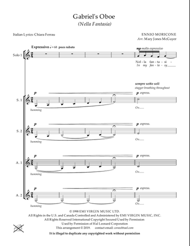 Gabriel's Oboe (Nella Fantasia), for Ladies a cappella (Solo 1, Solo 2, Solo 3, S.S A.A.)