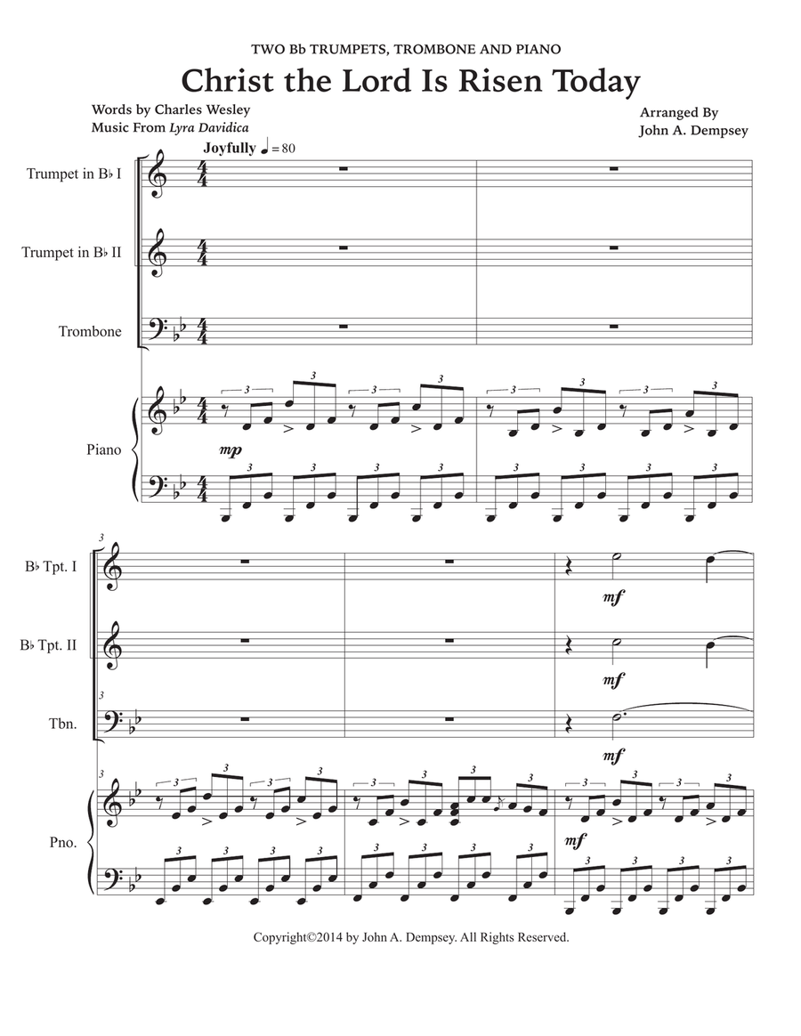 Christ the Lord is Risen Today (Quartet for Two Trumpets, Trombone and Piano) Small Ensemble scores gallery preview page 5