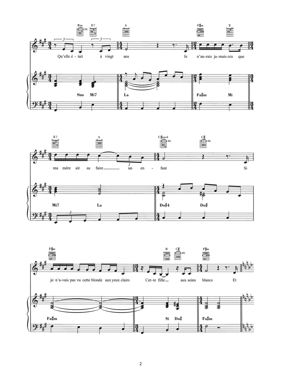 Une Fille Aux Yeux Clairs Piano, Vocal scores gallery preview page 2