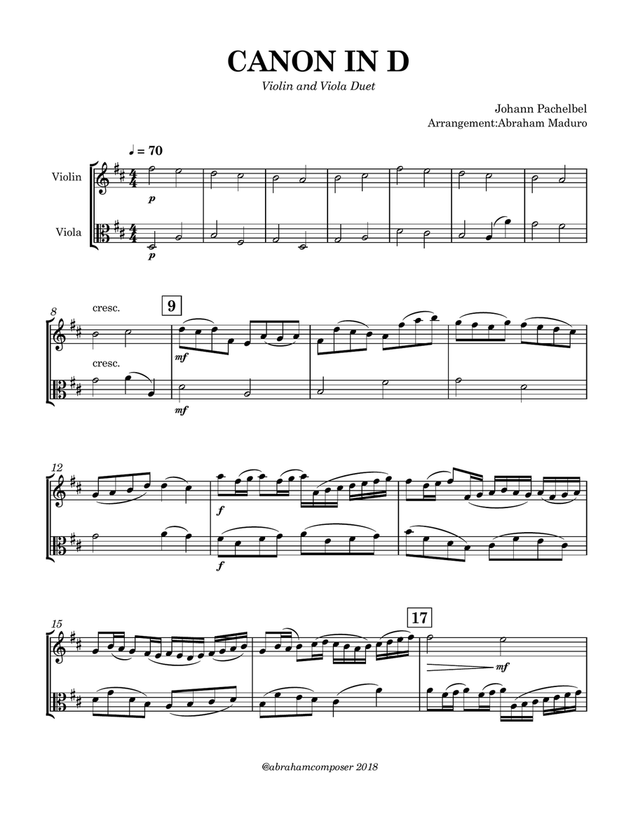 Pachelbel's Canon In D Violin Viola Duet String Duet scores gallery preview page 2