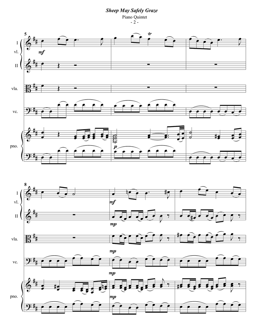 Bach: Sheep May Safely Graze for Piano Quintet Piano Quintet scores gallery preview page 2