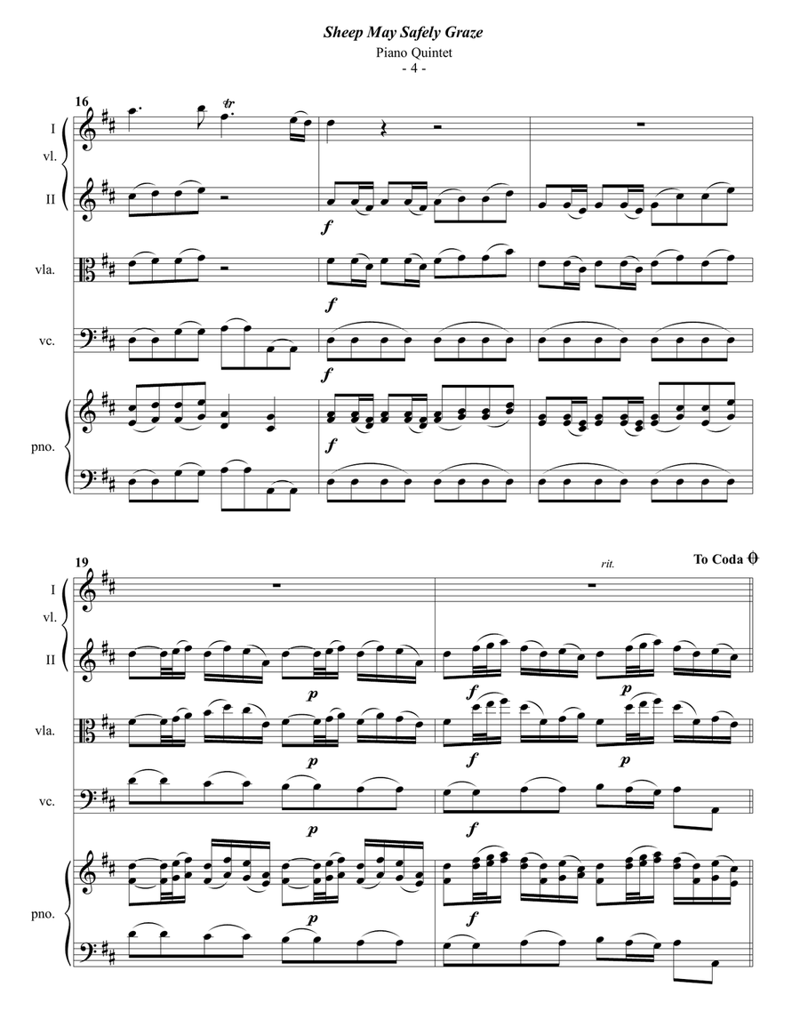 Bach: Sheep May Safely Graze for Piano Quintet Piano Quintet scores gallery preview page 4