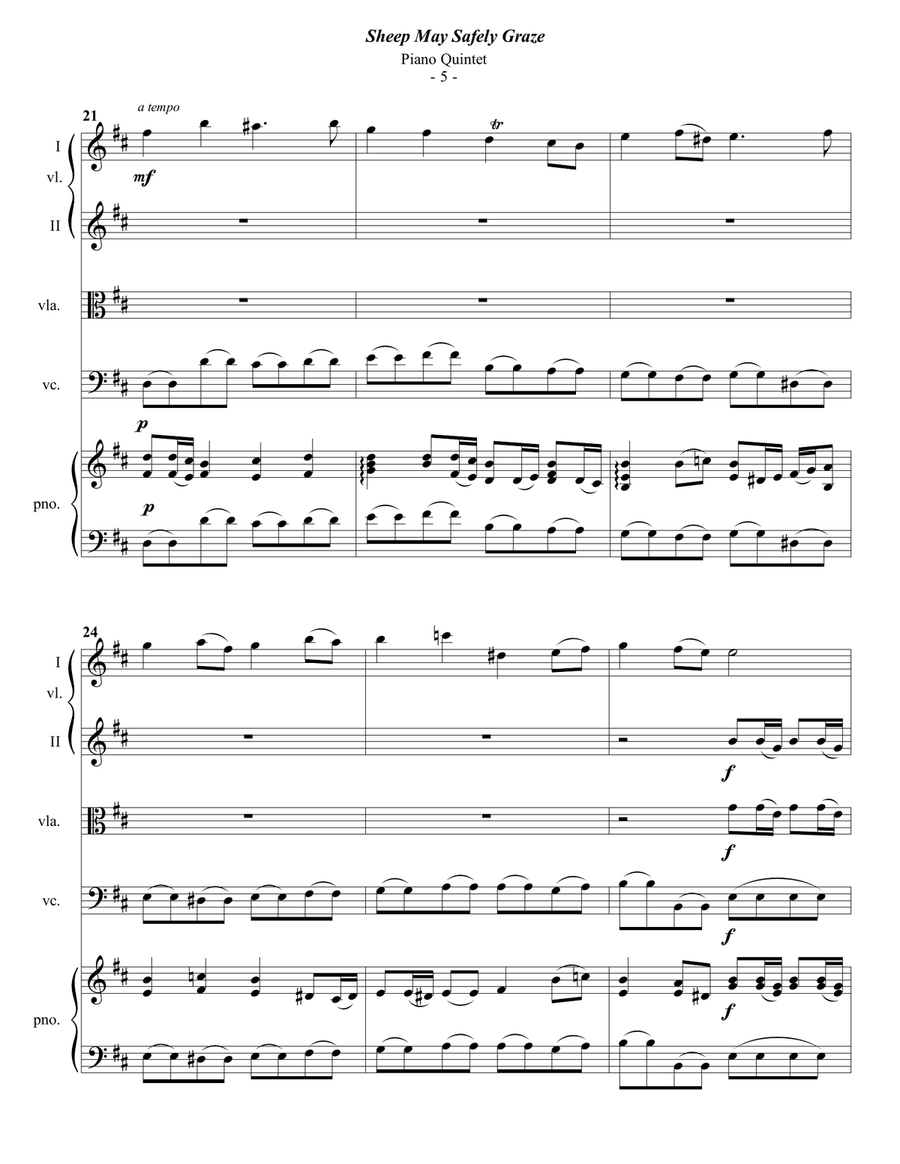 Bach: Sheep May Safely Graze for Piano Quintet Piano Quintet scores gallery preview page 5