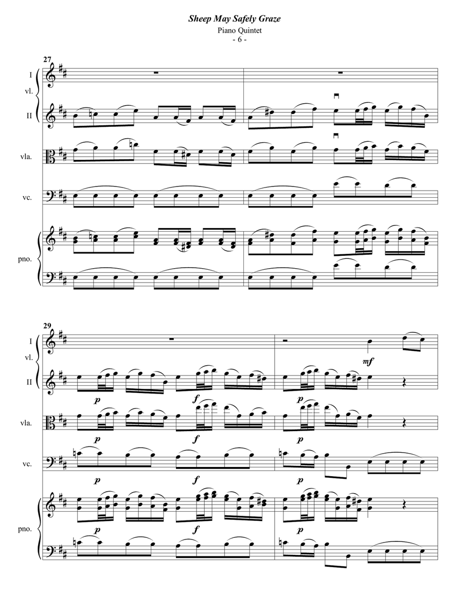 Bach: Sheep May Safely Graze for Piano Quintet Piano Quintet scores gallery preview page 6