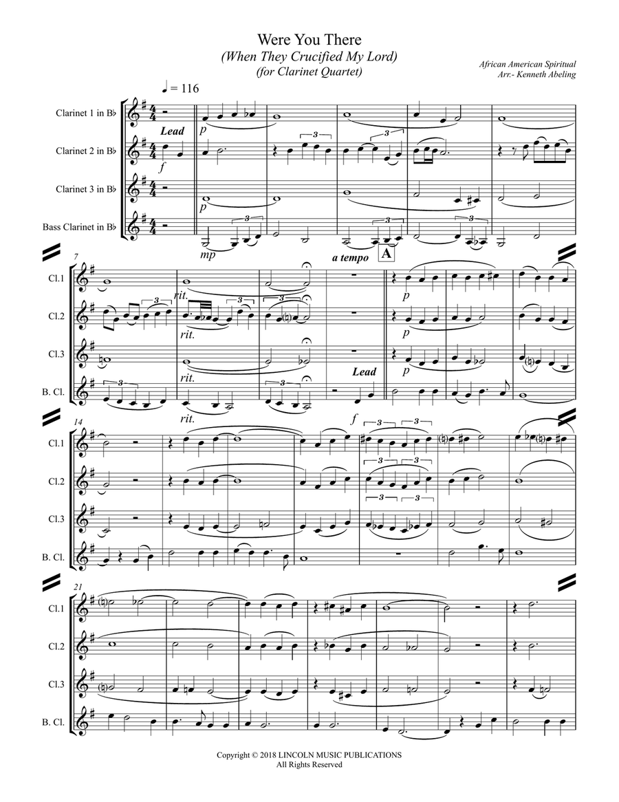 Were You There (When They Crucified My Lord) (for Clarinet Quartet) Clarinet Quartet scores gallery preview page 2