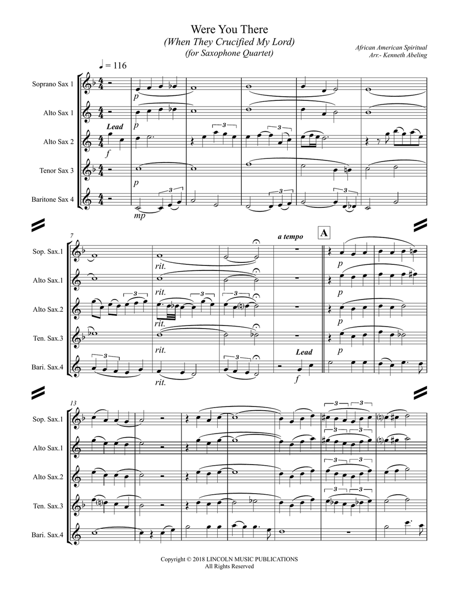 Were You There (When They Crucified My Lord) (for Saxophone Quartet SATB or AATB) Saxophone Quartet scores gallery preview page 2