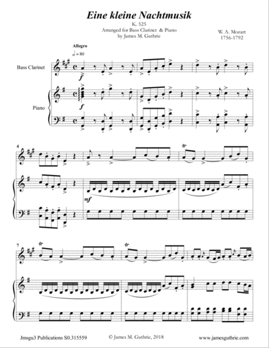 Mozart: Eine kleine Nachtmusik for Bass Clarinet & piano Bass Clarinet scores gallery preview page 1