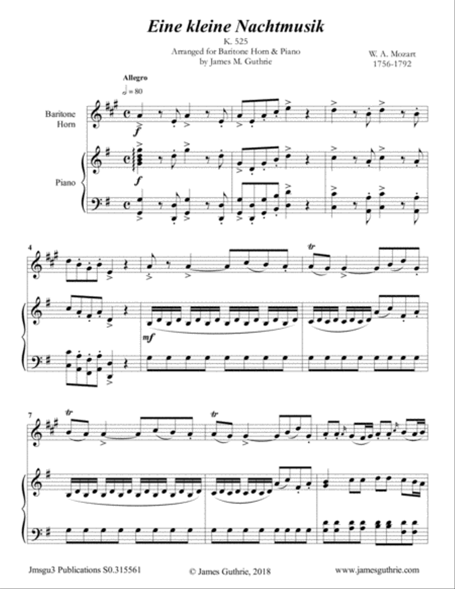 Mozart: Eine kleine Nachtmusik for Baritone Horn & Piano Baritone Horn TC scores gallery preview page 1