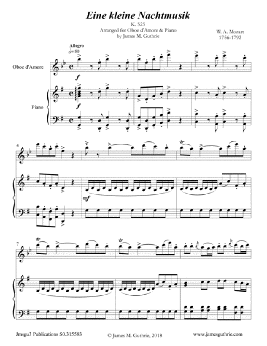 Mozart: Eine kleine Nachtmusik for Oboe d'Amore & Piano Oboe scores gallery preview page 1