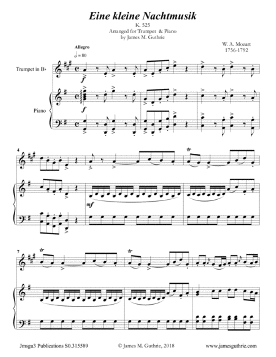Mozart: Eine kleine Nachtmusik for Trumpet & Piano B-Flat Trumpet scores gallery preview page 1