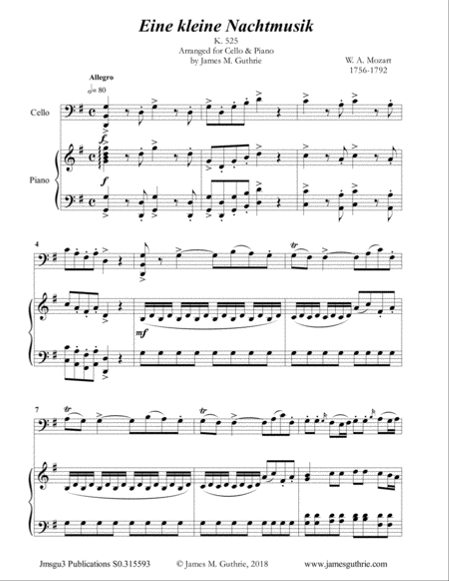 Mozart: Eine kleine Nachtmusik for Cello & Piano Piano scores gallery preview page 1