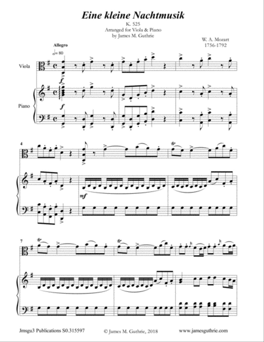 Mozart: Eine kleine Nachtmusik for Viola & Piano Viola scores gallery preview page 1