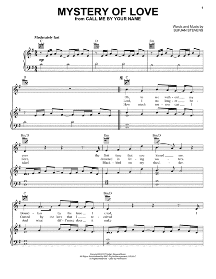 Mystery Of Love Piano, Vocal, Guitar scores gallery preview page 1