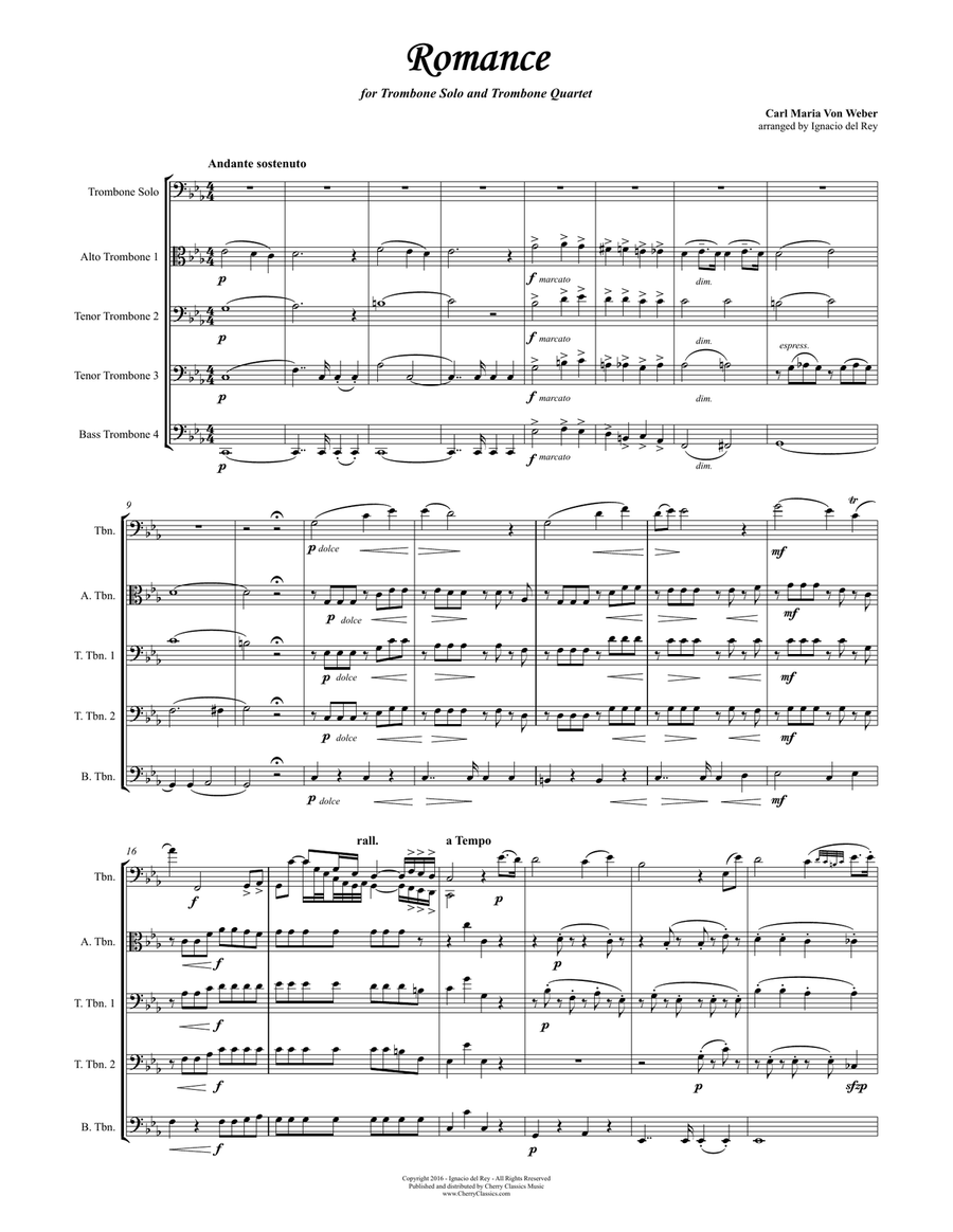 Romance for Trombone solo and Trombone Quartet Trombone Quartet scores gallery preview page 2