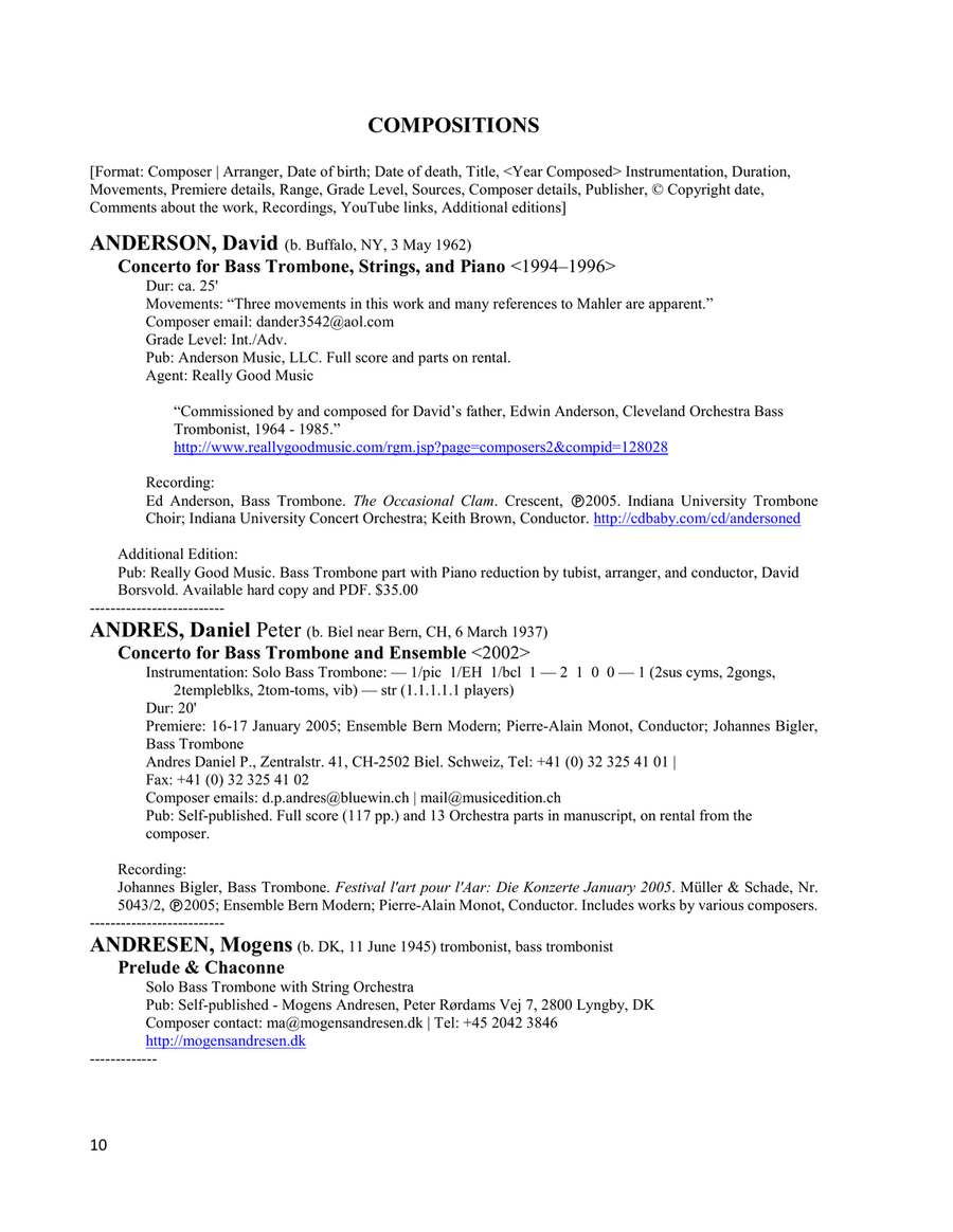 Music for Bass Trombone - A Reference Book of Works for Solo Bass Trombone with Orchestra, Band & Chamber Ensemble - complete Bass Trombone scores gallery preview page 6