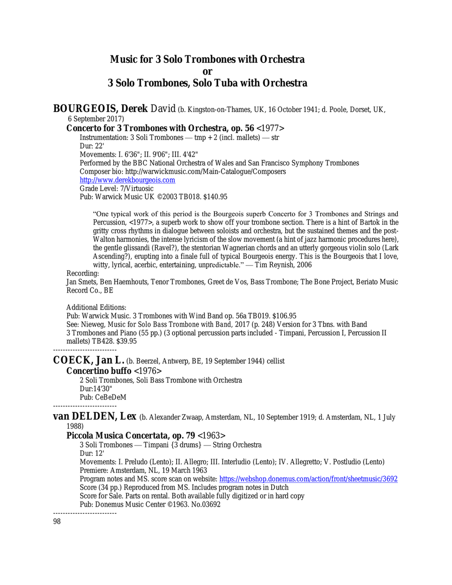 Music for Bass Trombone - A Reference Book of Works for Solo Bass Trombone with Orchestra, Band & Chamber Ensemble - complete Bass Trombone scores gallery preview page 7
