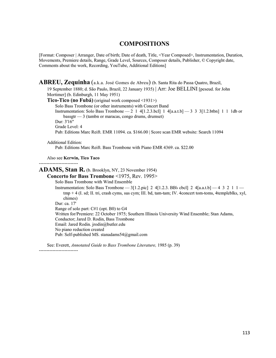 Music for Bass Trombone - A Reference Book of Works for Solo Bass Trombone with Orchestra, Band & Chamber Ensemble - complete Bass Trombone scores gallery preview page 9