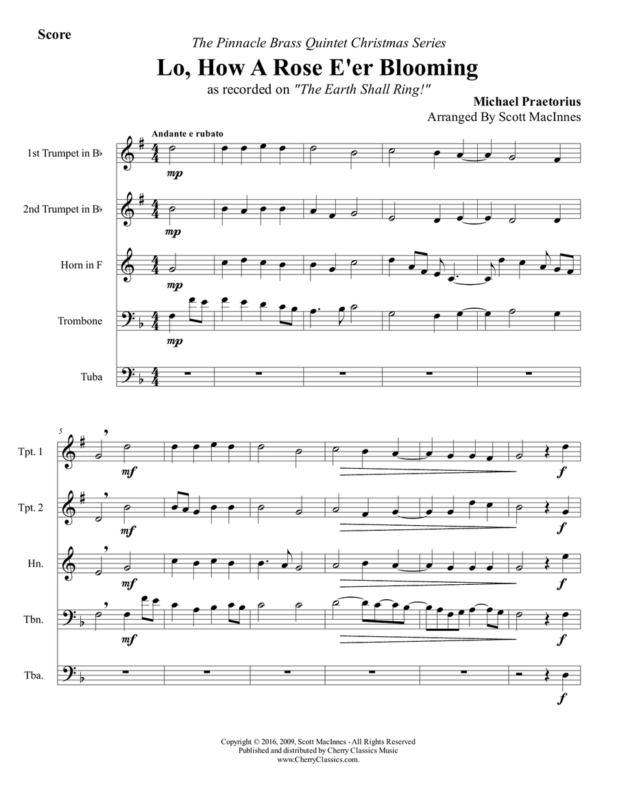 Lo, How a Rose E’er Blooming for Brass Quintet Brass Quintet scores gallery preview page 2