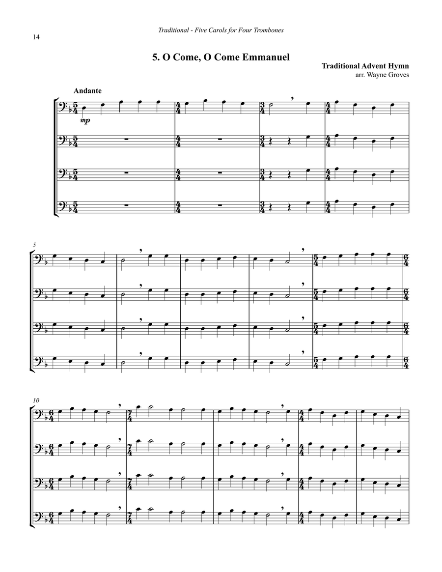 Five Carols for Four Trombones Trombone Quartet scores gallery preview page 6