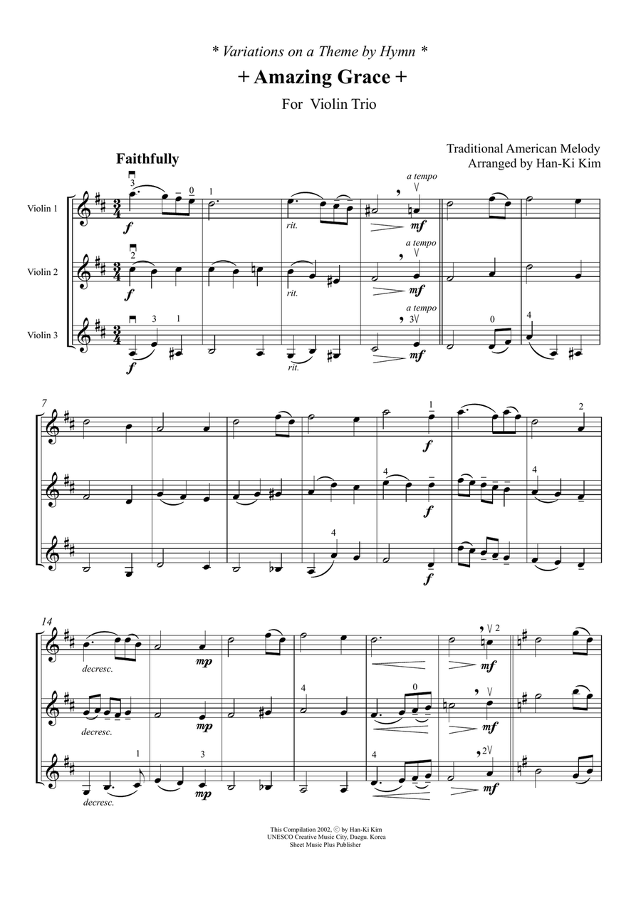 Amazing Grace (For 3 Violins, or 2Vns and Va) String Trio scores gallery preview page 2