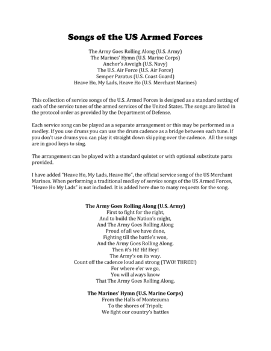 Songs of the US Armed Forces for Brass Quintet Euphonium scores gallery preview page 2