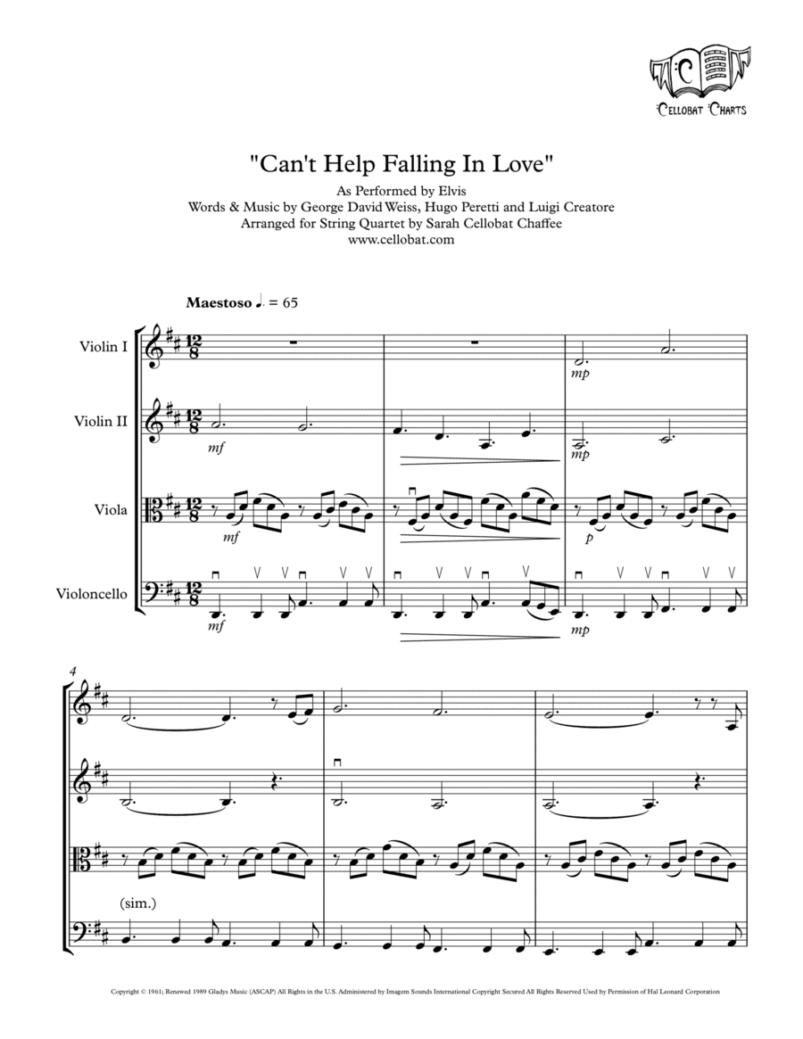 Can't Help Falling In Love String Quartet scores gallery preview page 1