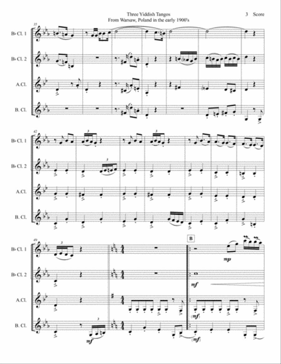 3 Yiddish Tangos for Clarinet Quartet E-Flat Clarinet scores gallery preview page 4