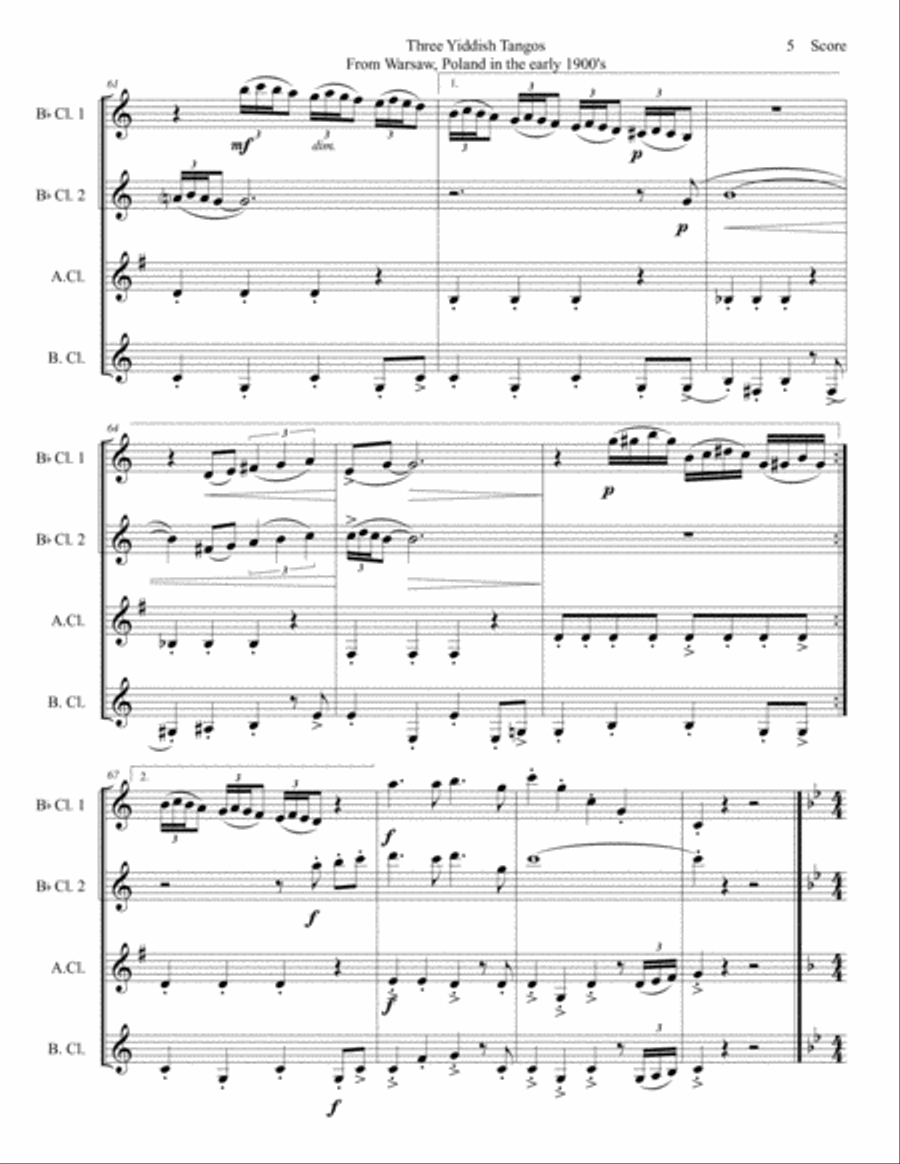 3 Yiddish Tangos for Clarinet Quartet E-Flat Clarinet scores gallery preview page 6