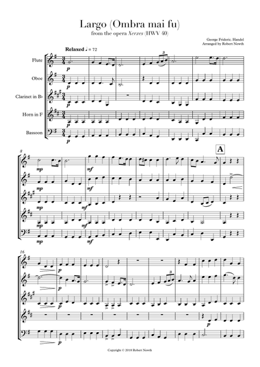 Largo (Ombra mai fu) from Xerxes for Wind Quintet