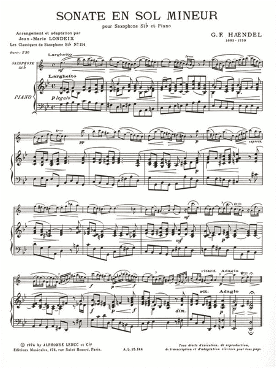 Sonata In G Minor, Arranged For Saxophone And Piano By Marcel Mule And Jea Piano Accompaniment scores gallery preview page 2