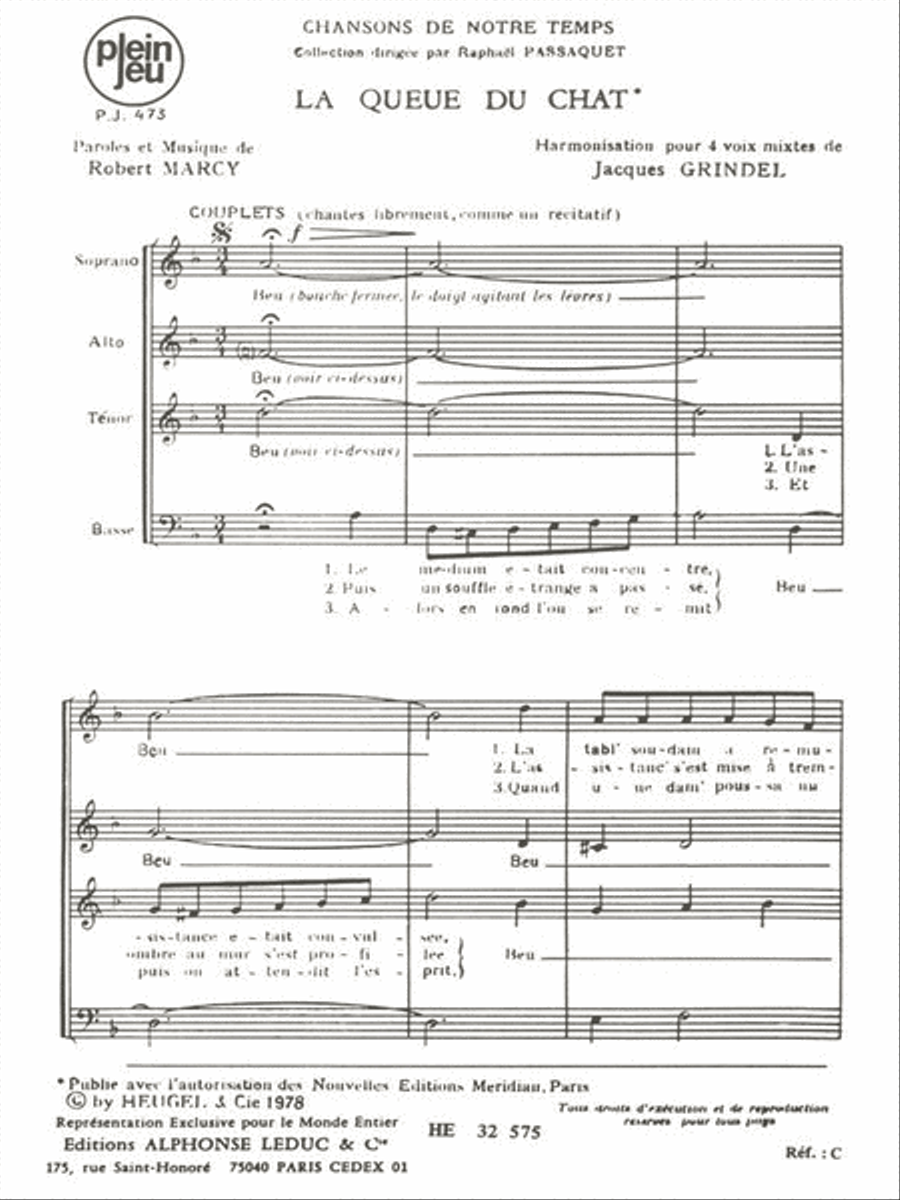 Marcy Grindel Chansons De Notre Temps Pj473 La Queue Du Chat 4 Part 4-Part scores gallery preview page 1