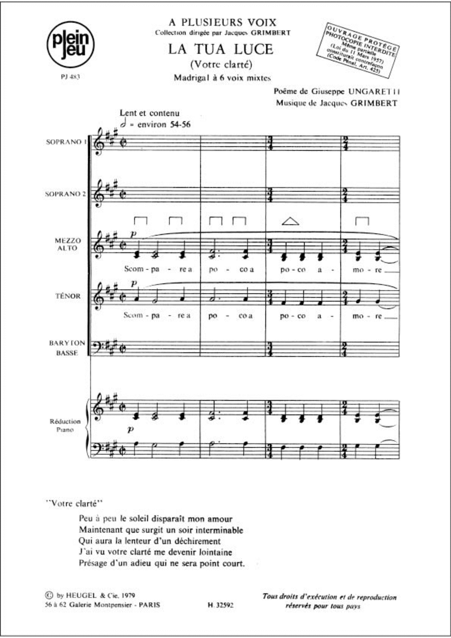 Ungaretti Grimbert A Plusieurs Vois Pj483 La Tua Luce 6 Part & Piano Choir scores gallery preview page 1