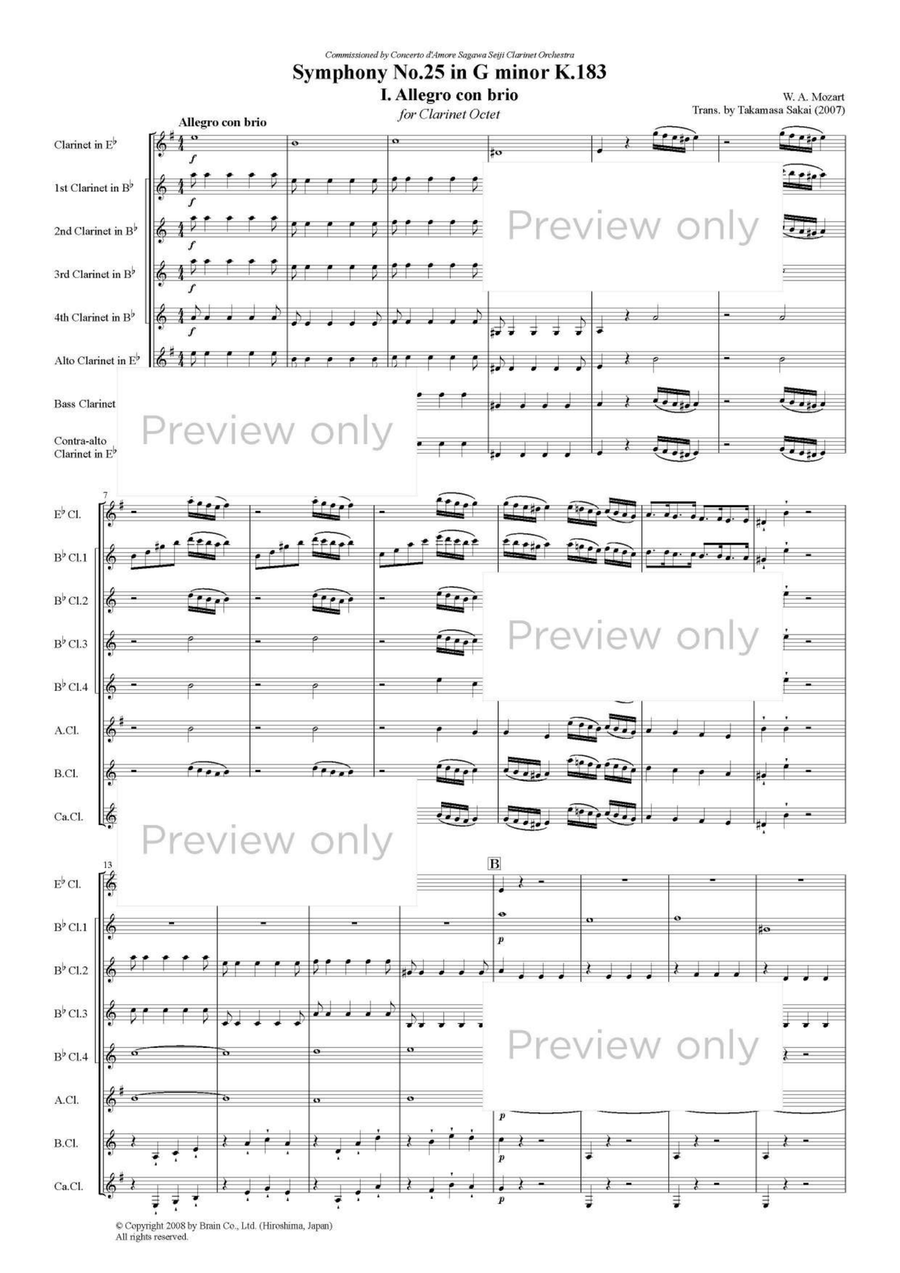 Symphony No. 25 in G minor K.183: I. Allegro con brio - Clarinet Octet Clarinet Quartet scores gallery preview page 2