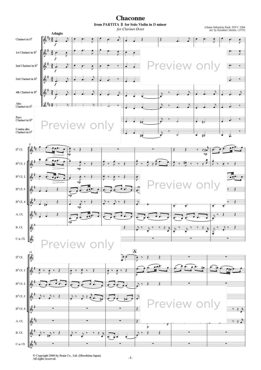 Chaconne from J.S. Bach Partita II for Solo Violin in D minor - Clarinet Octet Clarinet Quartet scores gallery preview page 2