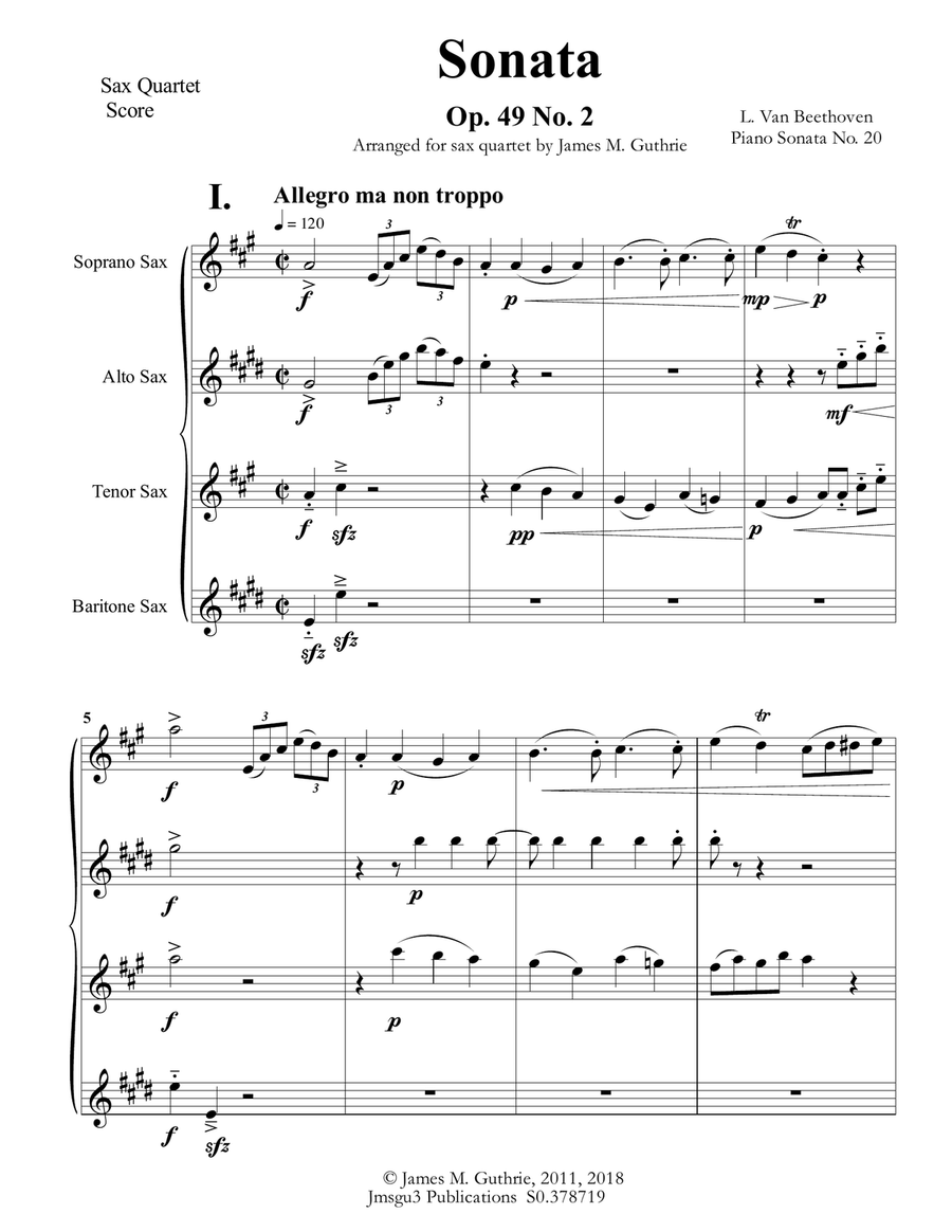 Beethoven: Sonata Op. 49 No. 2 for Sax Quartet Saxophone Quartet scores gallery preview page 2