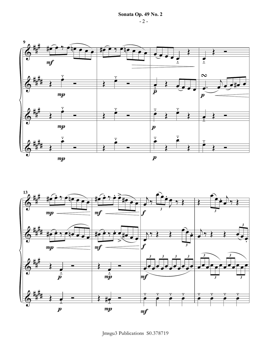 Beethoven: Sonata Op. 49 No. 2 for Sax Quartet Saxophone Quartet scores gallery preview page 3