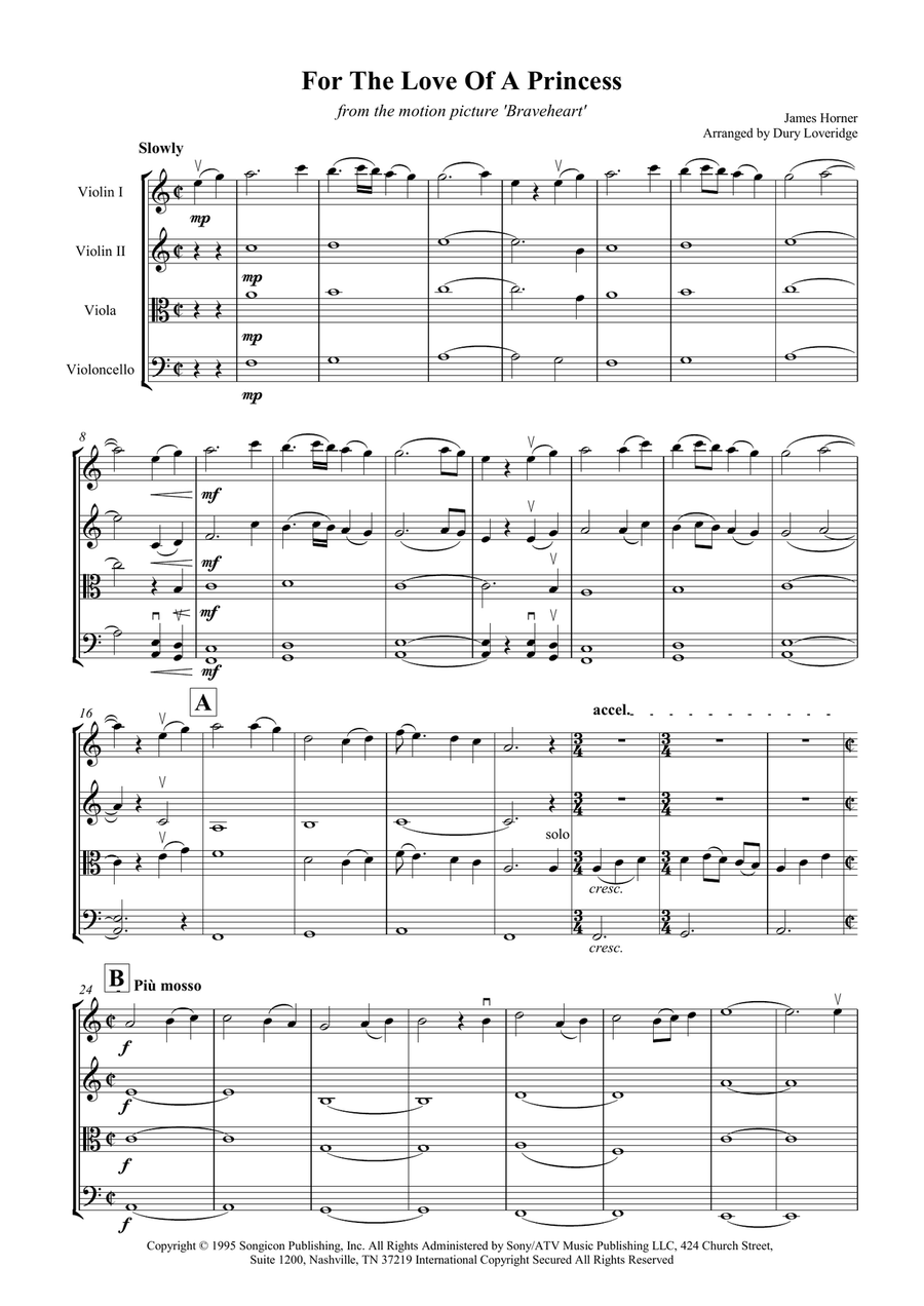 For The Love Of A Princess from the Twentieth Century Fox Motion Picture BRAVEHEART String Quartet scores gallery preview page 2