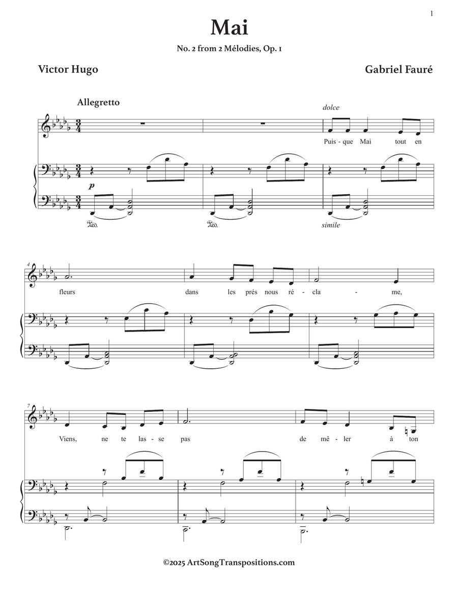FAURÉ: Mai, Op. 1 no. 2 (transposed to D-flat major) Piano, Vocal scores gallery preview page 2