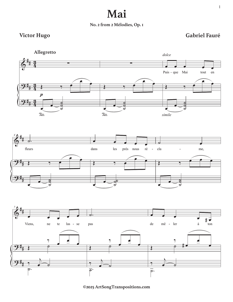 FAURÉ: Mai, Op. 1 no. 2 (transposed to D major) Piano, Vocal scores gallery preview page 2
