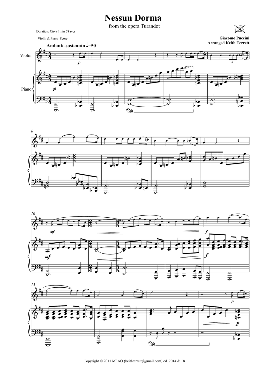 Nessun Dorma for Violin & Piano Violin Solo scores gallery preview page 2
