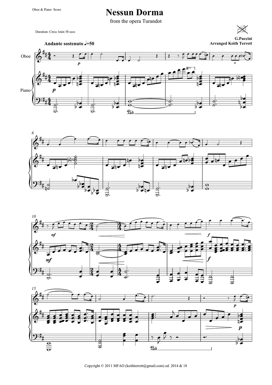 Nessun Dorma for Oboe & Pianoforte Piano scores gallery preview page 2