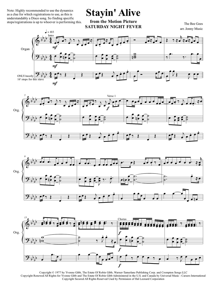 Stayin' Alive from the Motion Picture SATURDAY NIGHT FEVER Organ Solo scores gallery preview page 2