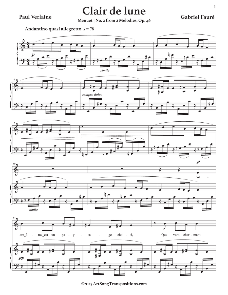 FAURÉ: Clair de lune, Op. 46 no. 2 (transposed to A minor) Piano, Vocal scores gallery preview page 2