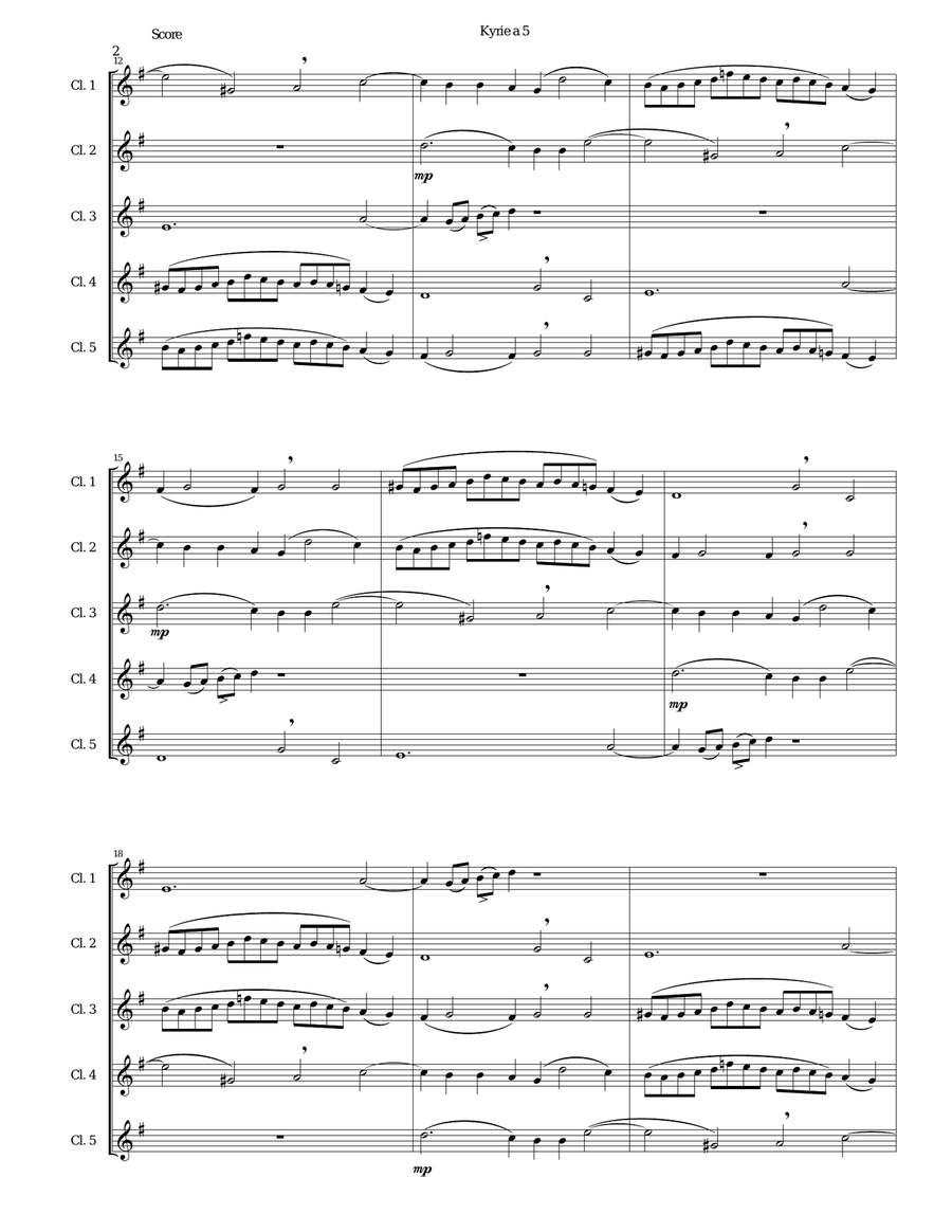 Mozart Kyrie canon a 5 arranged for 5 clarinets Clarinet Quintet scores gallery preview page 2
