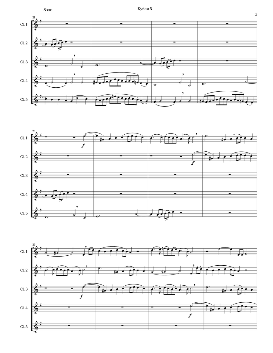 Mozart Kyrie canon a 5 arranged for 5 clarinets Clarinet Quintet scores gallery preview page 3
