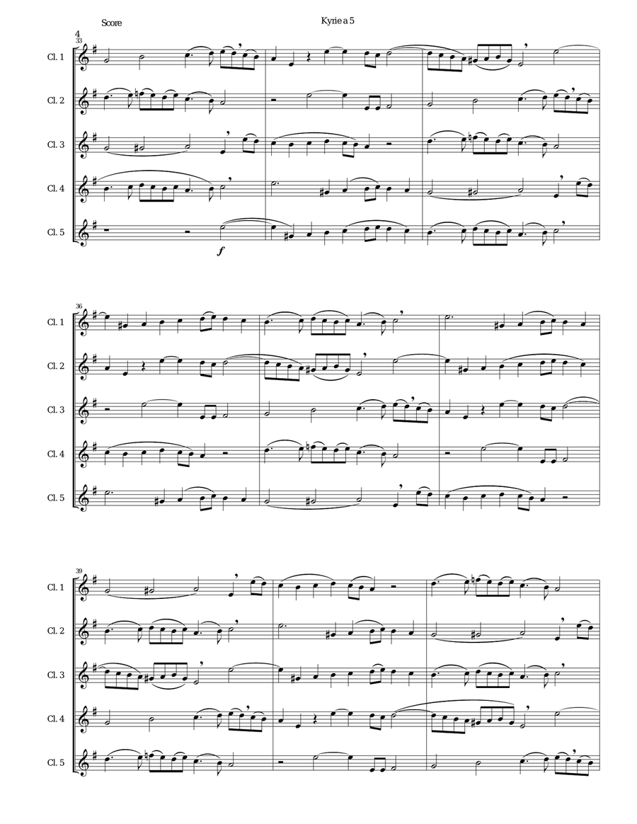 Mozart Kyrie canon a 5 arranged for 5 clarinets Clarinet Quintet scores gallery preview page 4