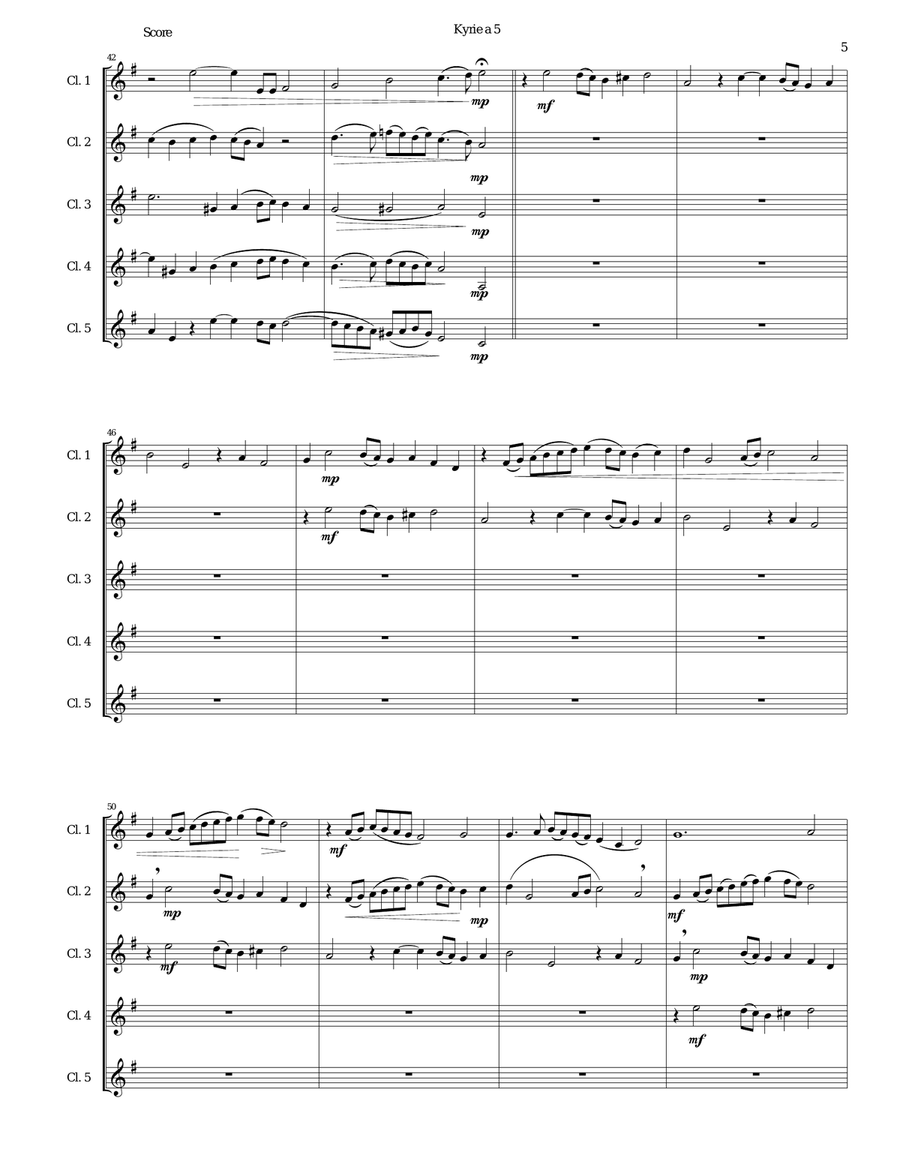 Mozart Kyrie canon a 5 arranged for 5 clarinets Clarinet Quintet scores gallery preview page 5