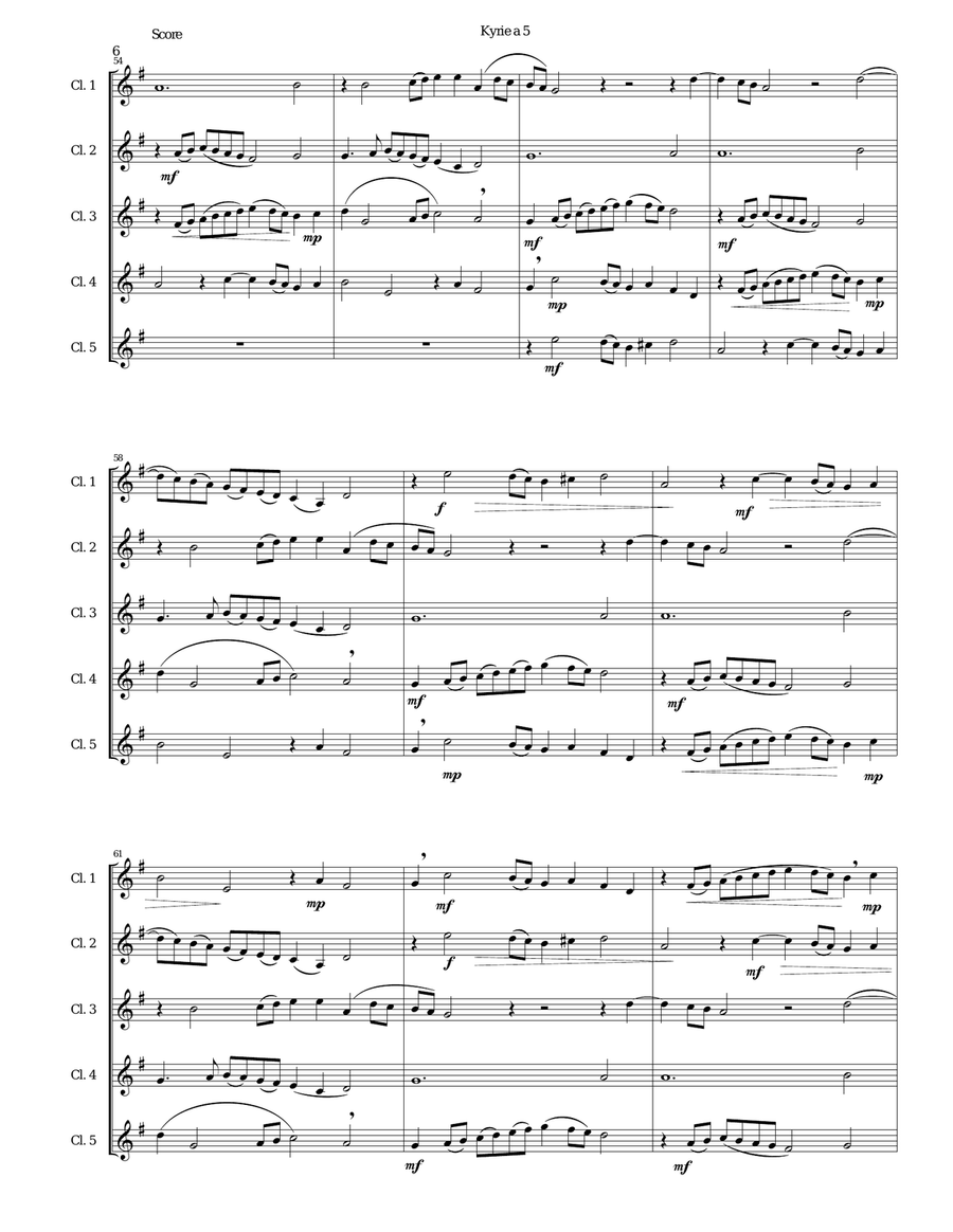 Mozart Kyrie canon a 5 arranged for 5 clarinets Clarinet Quintet scores gallery preview page 6