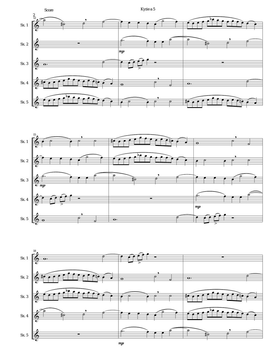 Mozart Kyrie canon a 5 arranged for 5 equal saxophones Mozart Kyrie canon a 5 arranged for 5 equal saxophones Woodwind Quartet scores gallery preview page 2